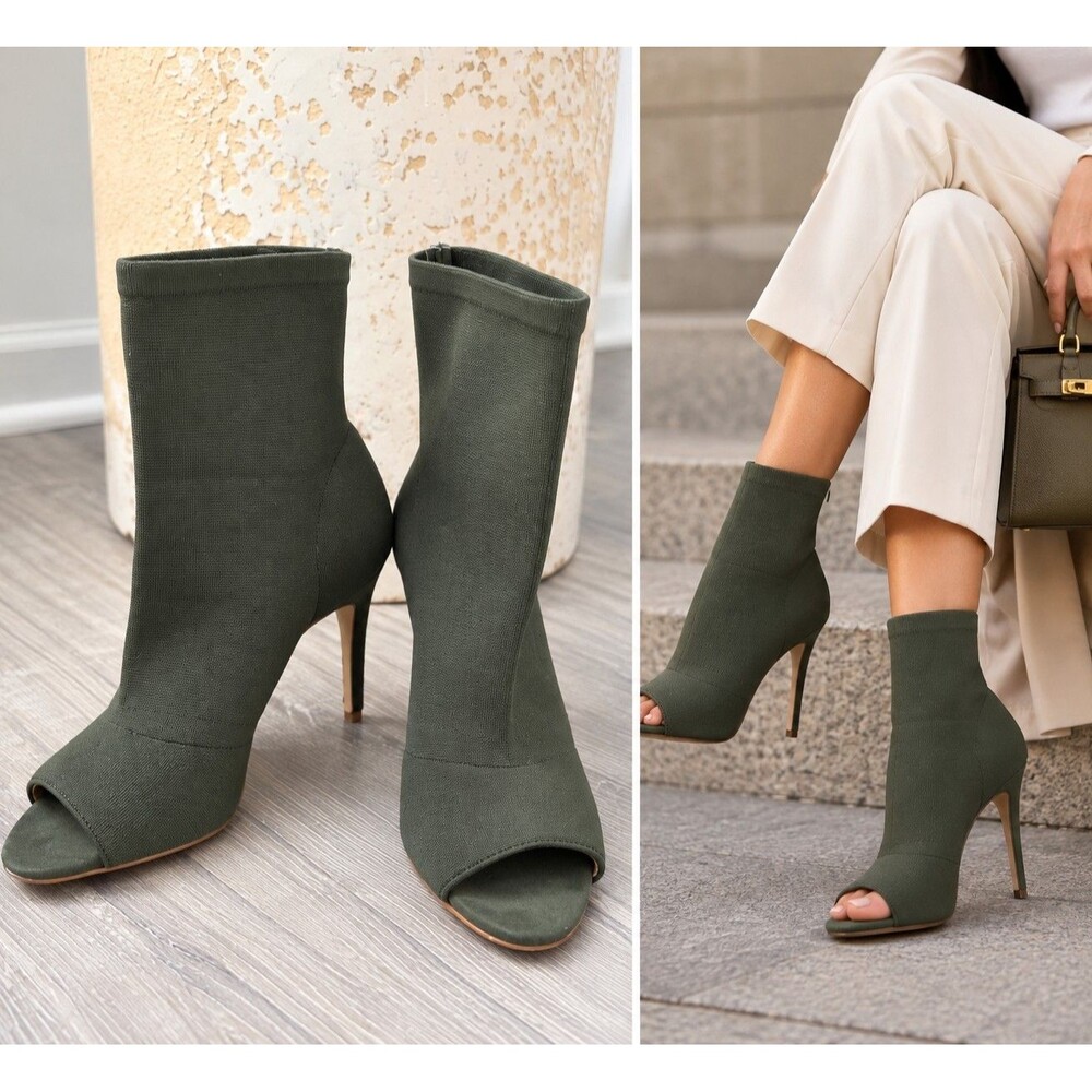 INC International Concepts Olive Green Stretch Sock Booties Peep Toe Stiletto 8M